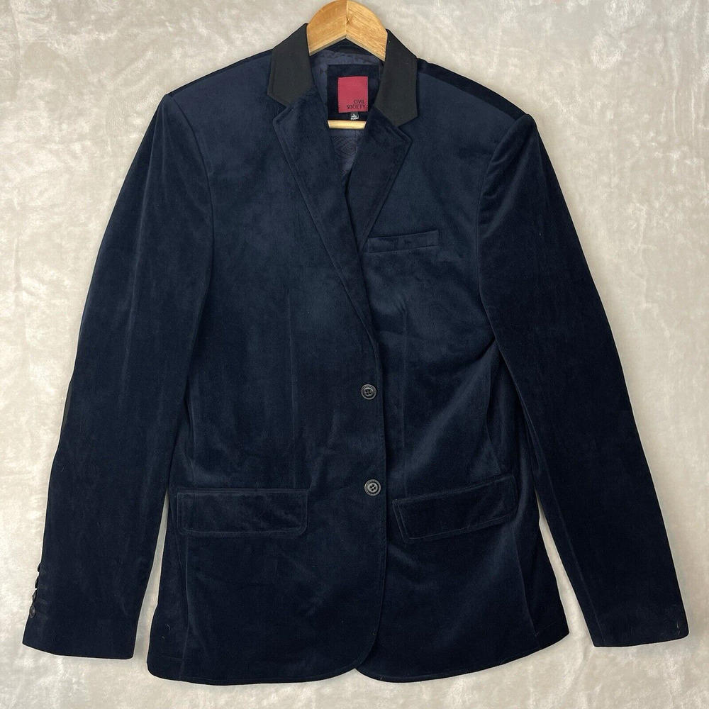 Civil Society Velvet Blazer Mens Large Midnight Navy Patches Lined Dark Academia